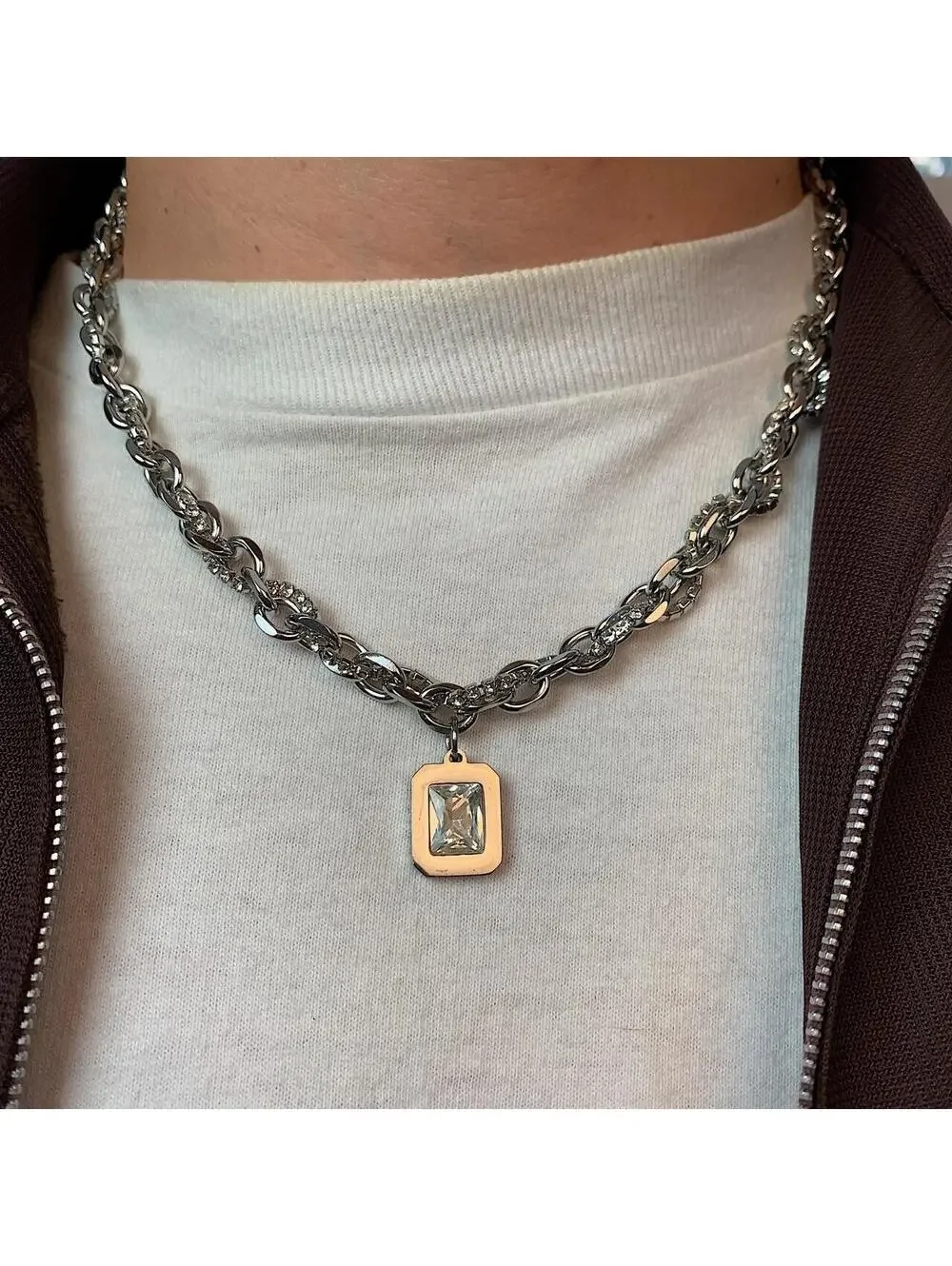 Stainless Steel White Opal Pendant Y2K Style Necklace. Unisex. Brand New. 18-.